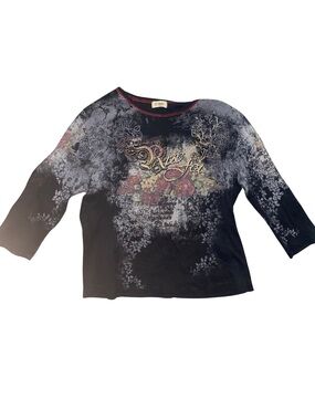 Cactus Womens Large Black Rose Floral Rhinestone Graphic 3/4 Sleeve Y2K Top